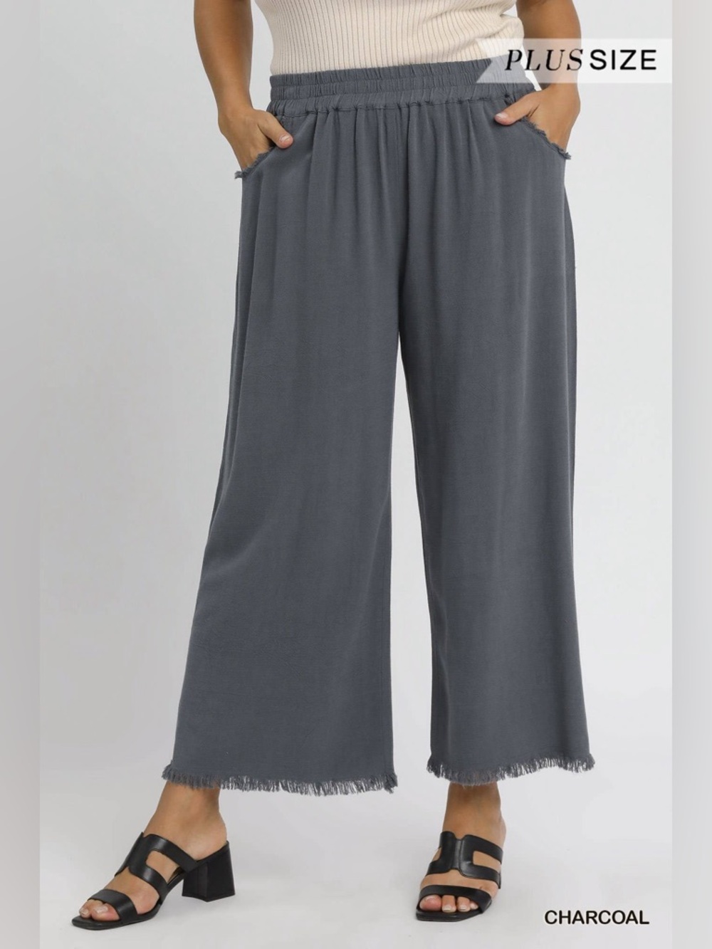 Plus Size Charcoal Linen Blend Frayed Hem Wide Leg Pants